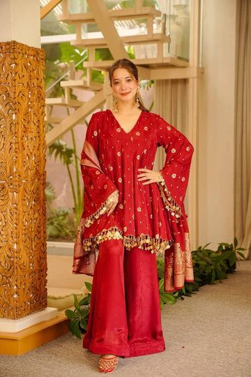 Women Premium Embellished Kaftan Palazzo Set with Banarasi Dupatta
