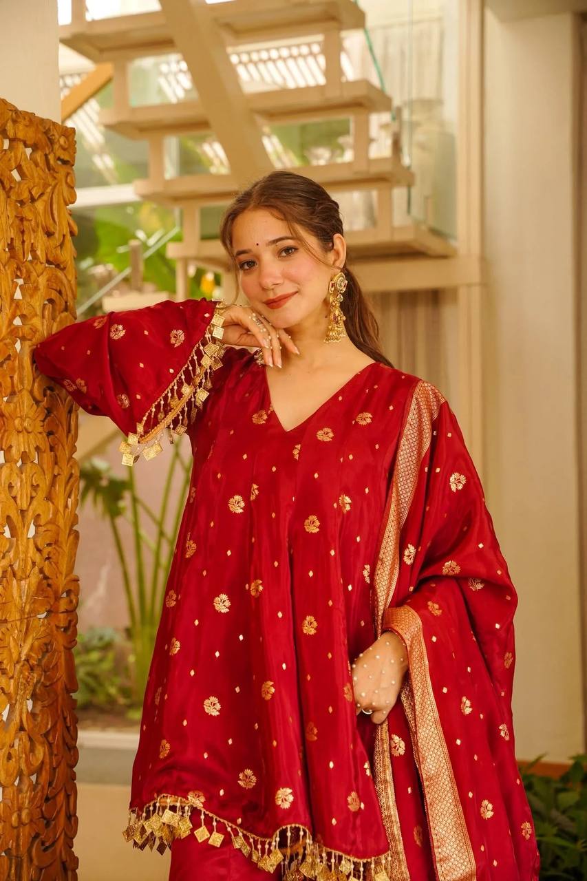 Women Premium Embellished Kaftan Palazzo Set with Banarasi Dupatta