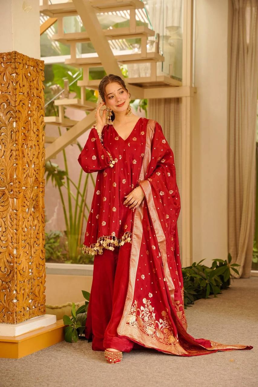 Women Premium Embellished Kaftan Palazzo Set with Banarasi Dupatta