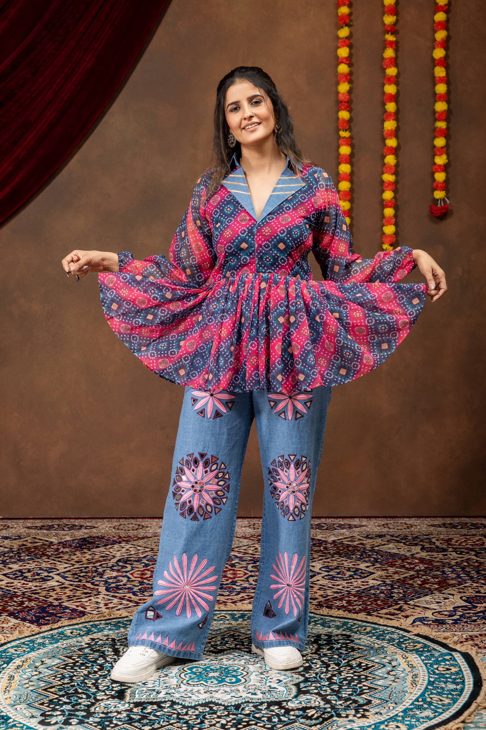 Women Premium Navratri Printed Kediya with Embroidered Denim Jeans