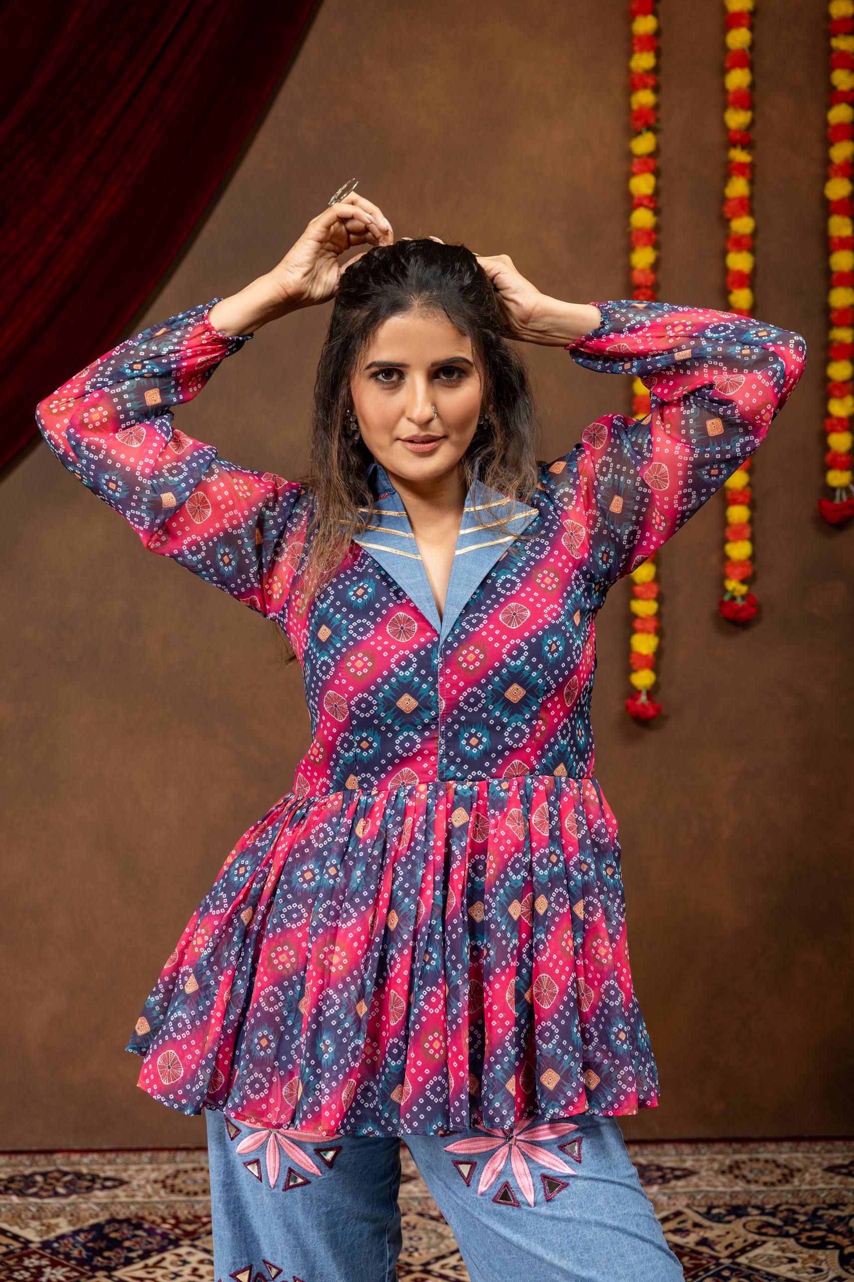Women Premium Navratri Printed Kediya with Embroidered Denim Jeans