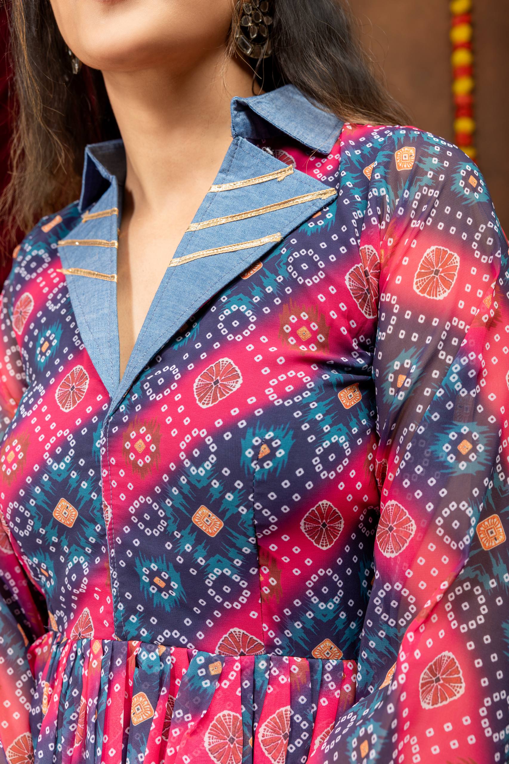 Women Premium Navratri Printed Kediya with Embroidered Denim Jeans