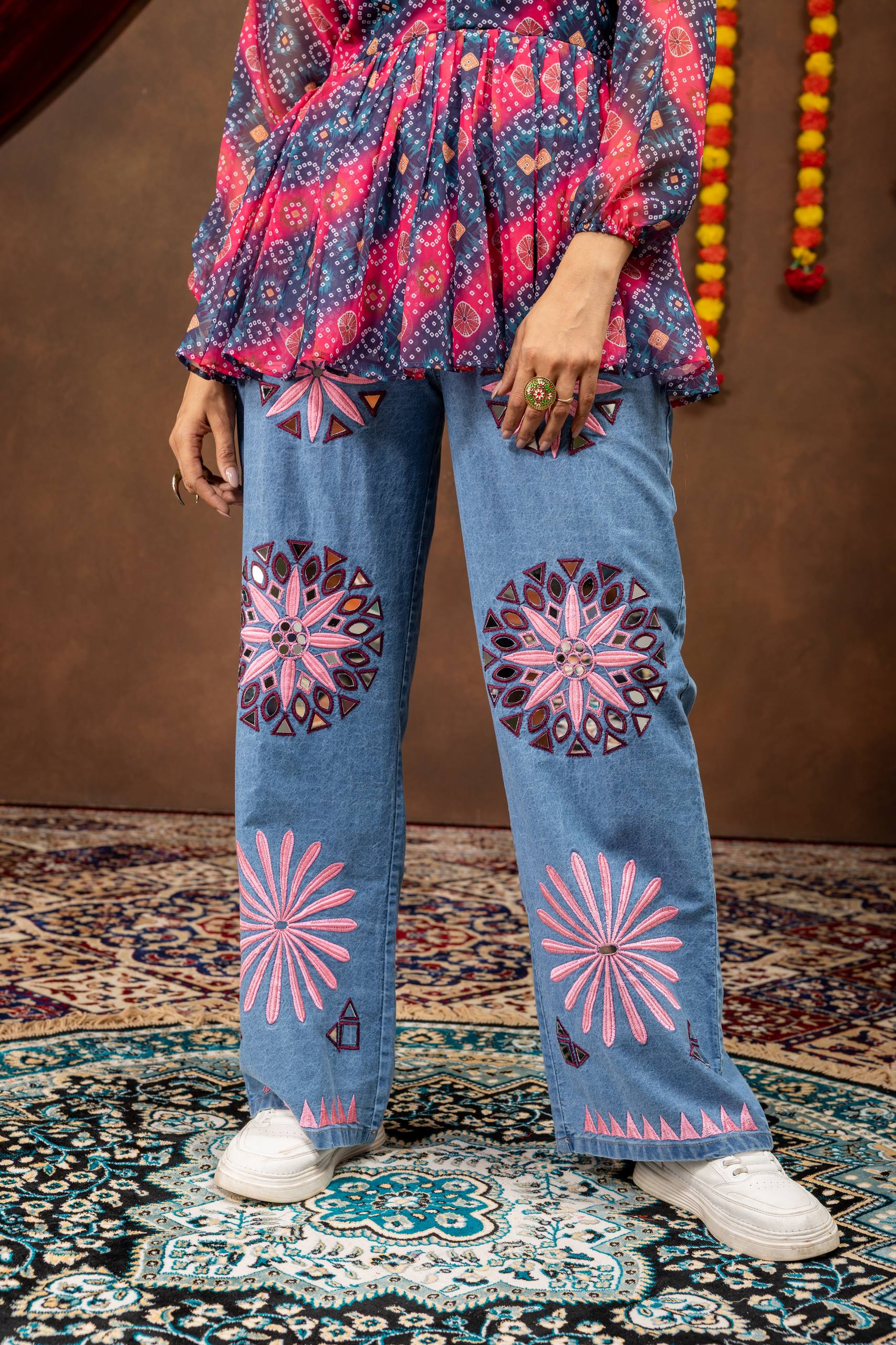 Women Premium Navratri Printed Kediya with Embroidered Denim Jeans