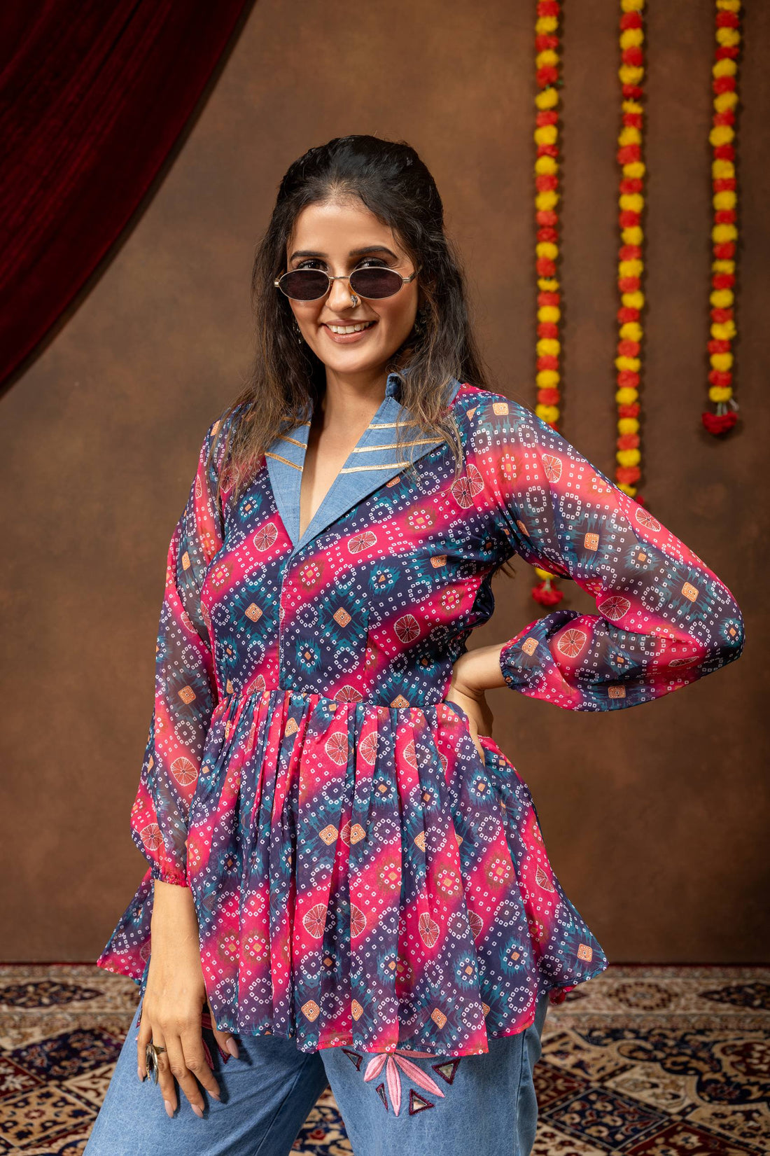 Women Premium Navratri Printed Kediya with Embroidered Denim Jeans