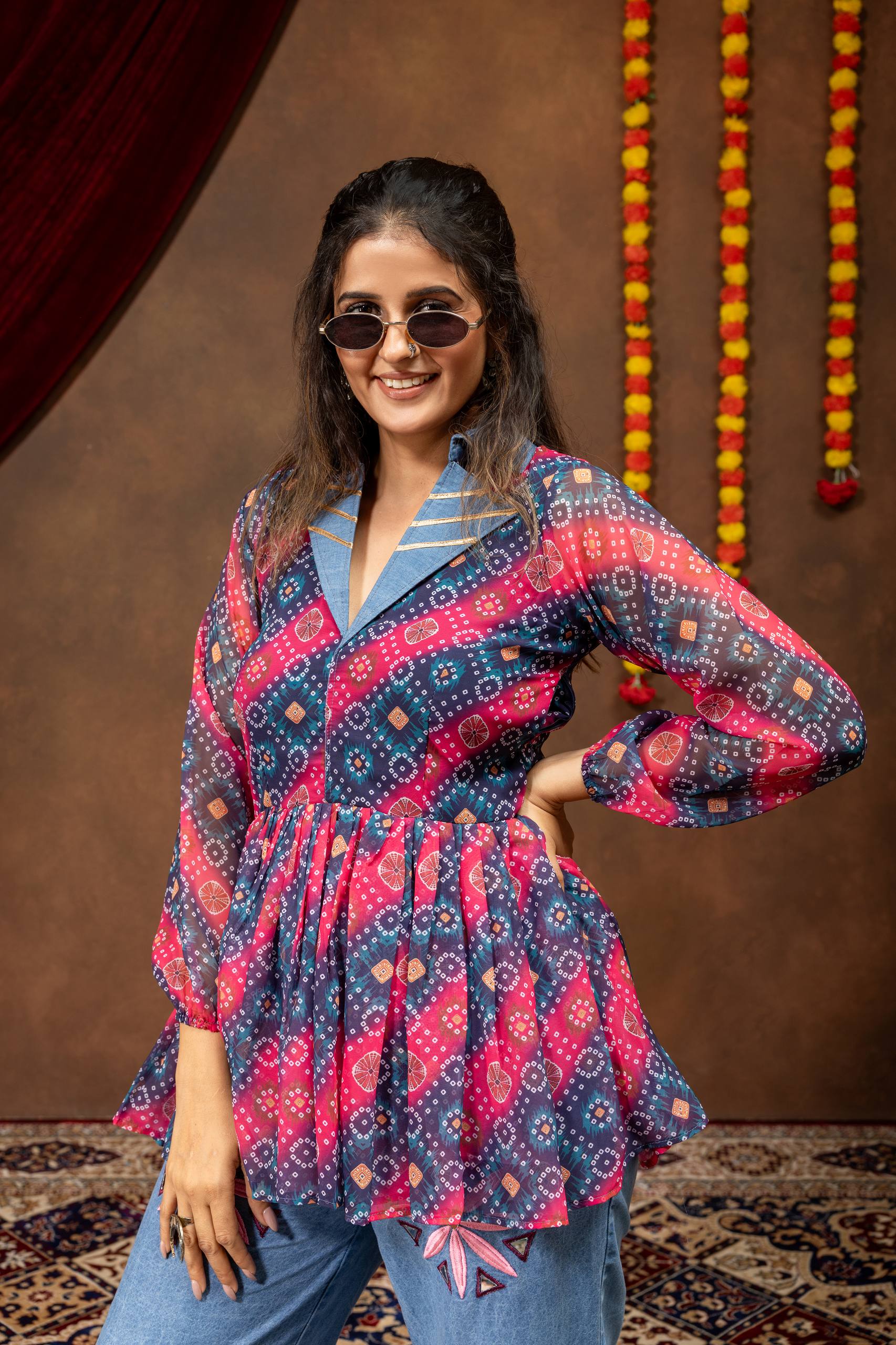 Women Premium Navratri Printed Kediya with Embroidered Denim Jeans