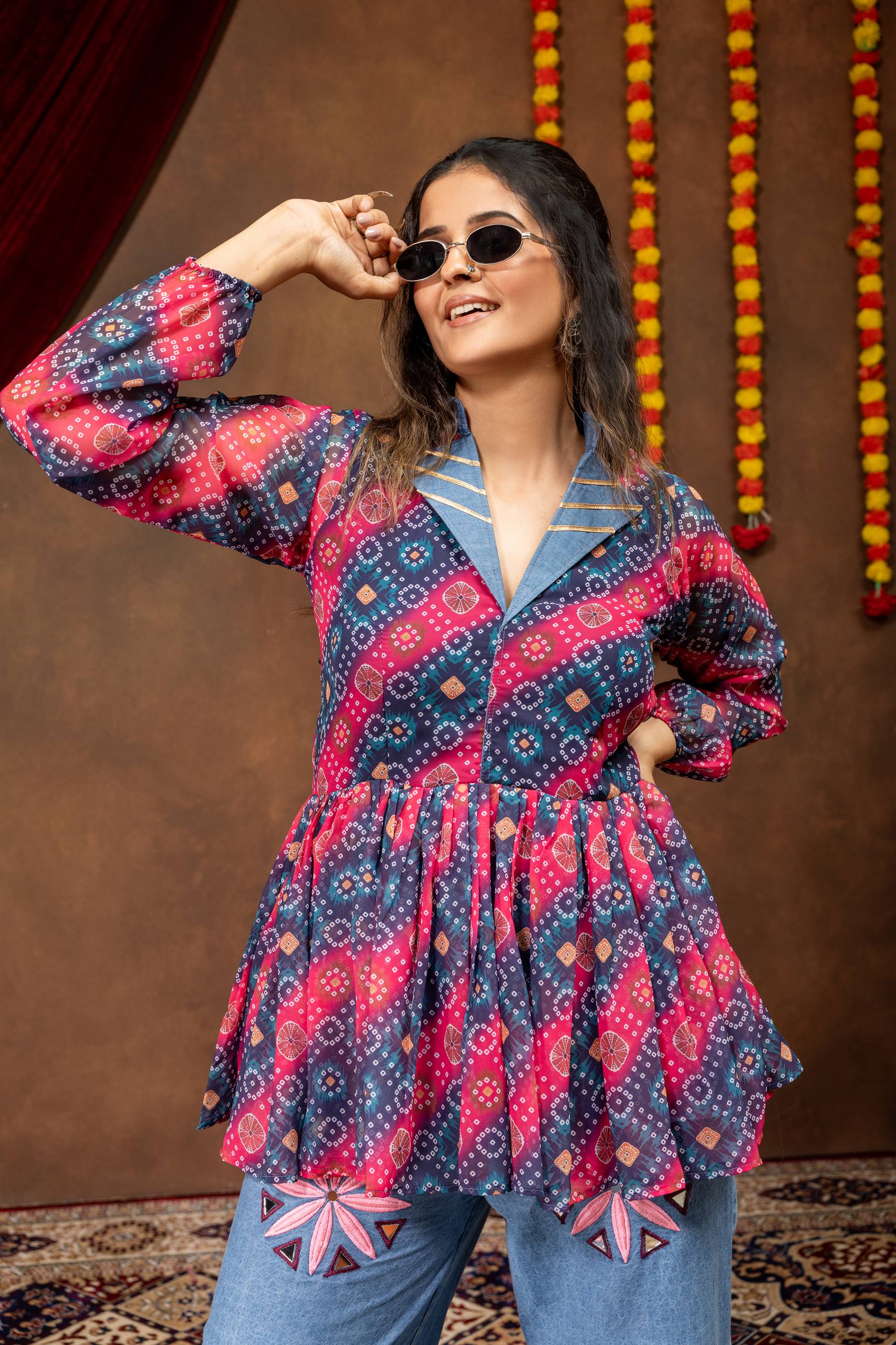 Women Premium Navratri Printed Kediya with Embroidered Denim Jeans