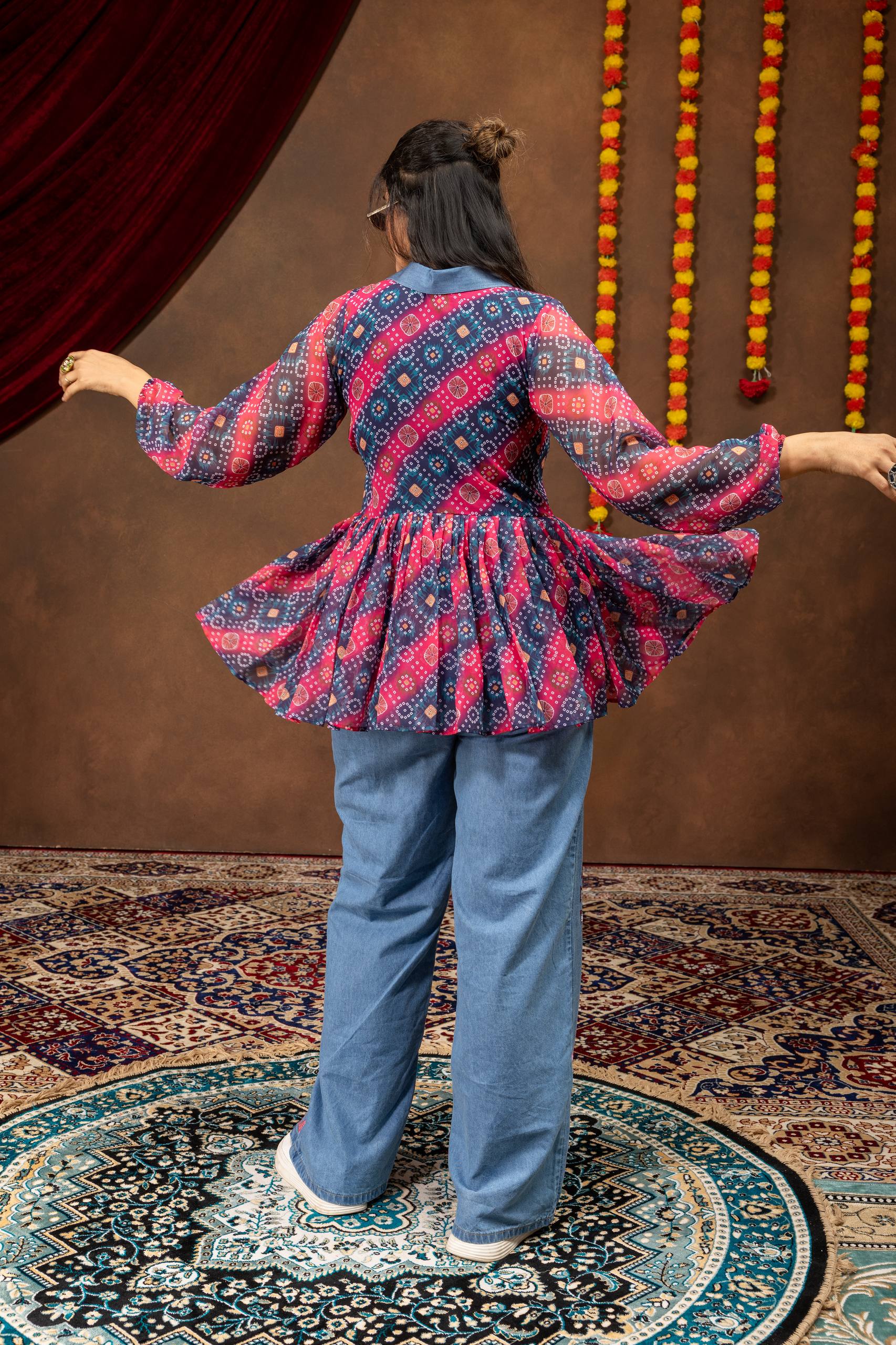 Women Premium Navratri Printed Kediya with Embroidered Denim Jeans