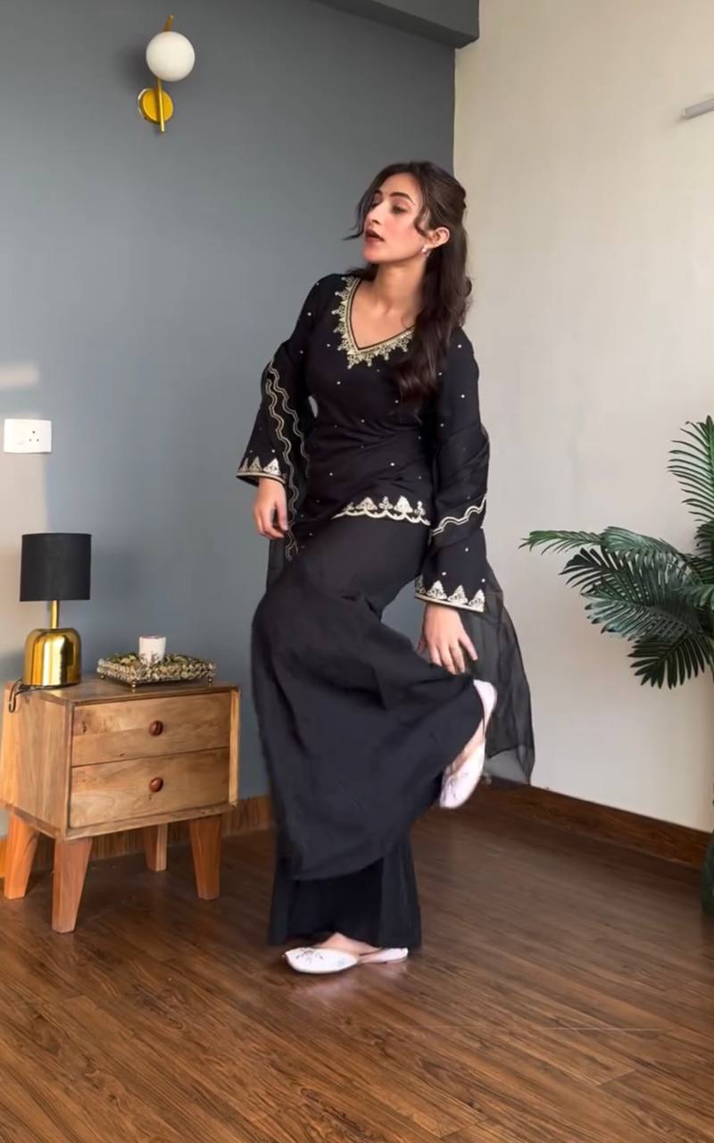 Heavy Embroidered Crepe Silk Top Sharara Plazzo Set with Organza Dupatta