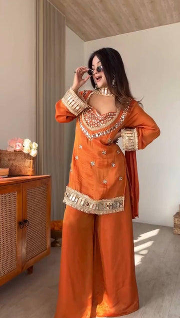 Fendy Silk Mirror Work Top Sharara Palazzo Set with Dupatta
