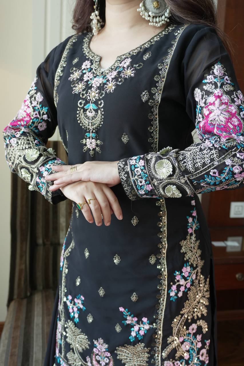 Premium Fox Georgette Sequin Embroidery Kurti–Palazzo Set